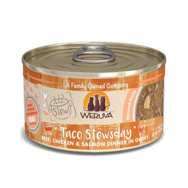 Weruva Ragoût pour chat Taco Stewsday Dîner bœuf, poulet et saumon en sauce Boîte de nourriture humide pour chats