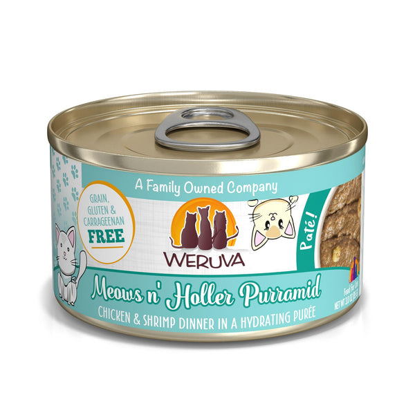 Weruva Pâté pour chat Meows n' Holler Purramid Dîner Poulet & Crevettes en Purée Hydratante Boîte de nourriture humide pour chat