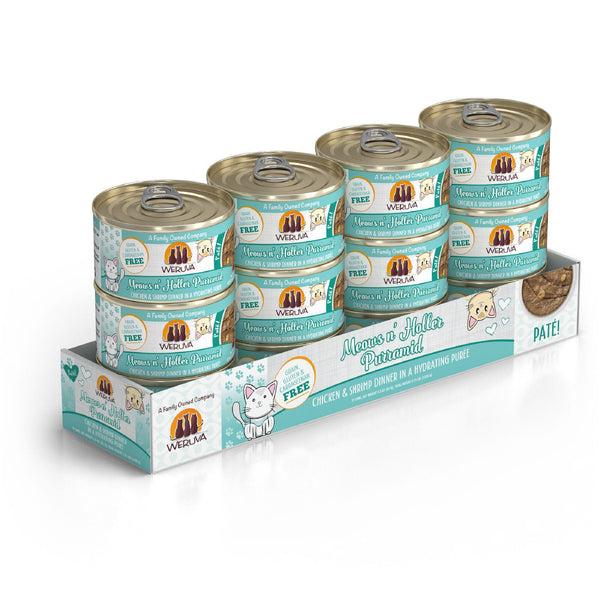 Weruva Pâté pour chat Meows n' Holler Purramid Dîner Poulet & Crevettes en Purée Hydratante Boîte de nourriture humide pour chat