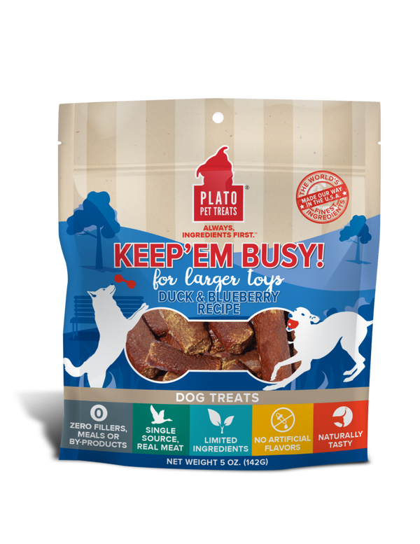 Plato Keep Em' Busy! Duck & Blueberry Recipe Large Toy Stuffer Dog Treats, 5-oz