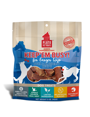 Plato Keep Em' Busy! Duck & Blueberry Recipe Large Toy Stuffer Dog Treats, 5-oz