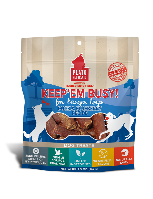 Plato Keep Em' Busy! Duck & Blueberry Recipe Large Toy Stuffer Dog Treats, 5-oz