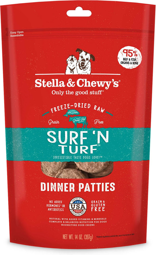 Stella & Chewy's Surf 'N Turf Dîners en galettes Sans céréales Nourriture pour chiens lyophilisée