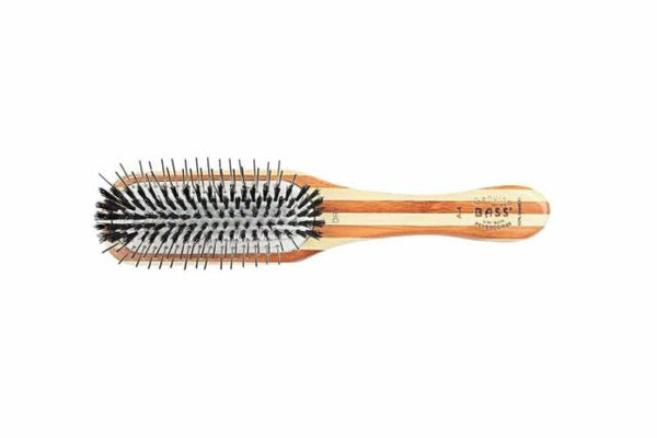 Bass Brushes Shine & Condition with Natural Bristle + Alloy Pin & Bamboo Handle Rectangle Pet Brush, Dark/ Stripped