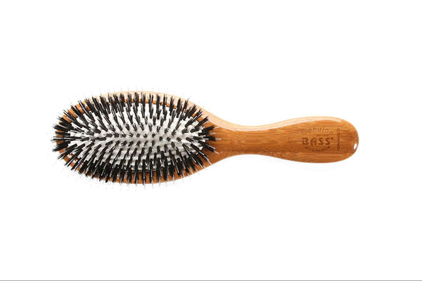 Bass Brushes Shine & Condition with Natural Bristle + Nylon Pin & Bamboo Handle Oval Pet Brush, Dark/Stripped, Medium