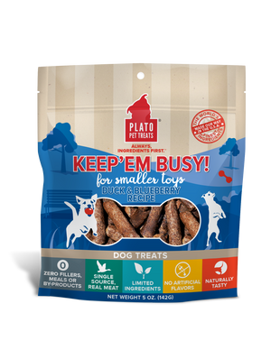 Plato Keep Em' Busy! Duck & Blueberry Recipe Small Toy Stuffer Dog Treats, 5-oz