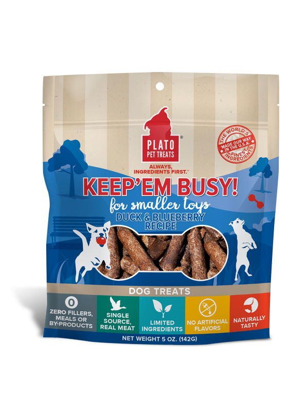 Plato Keep Em' Busy! Duck & Blueberry Recipe Small Toy Stuffer Dog Treats, 5-oz