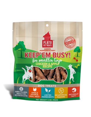 Plato Keep Em' Busy! Chicken & Apple Recipe Small Toy Stuffer Dog Treats, 5-oz