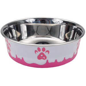 Coastal Maslow Non-Skid Paw Design Dog Bowl, Pink/White