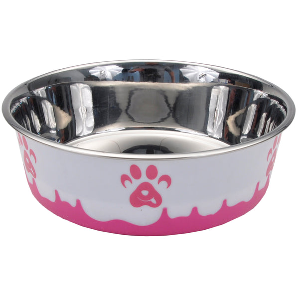 Coastal Maslow Non-Skid Paw Design Dog Bowl, Pink/White