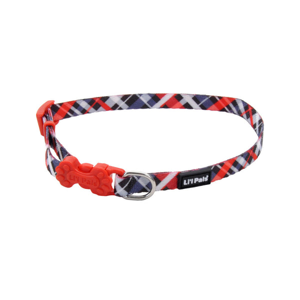 Li'l Pals Adjustable Patterned Dog Collar, Red & Grey Plaid
