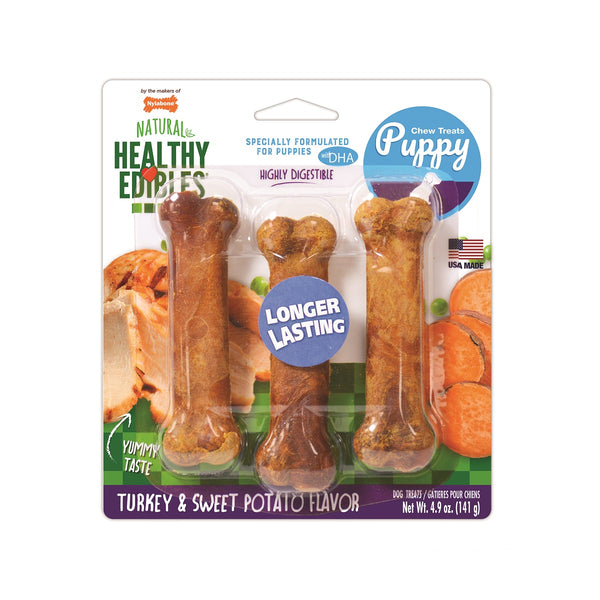 Nylabone Healthy Edibles Longer Lasting Turkey & Sweet Potato Flavor Puppy Dog Treats, Regular, 3-count