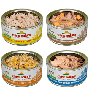 Almo Nature HQS Natural Chicken Breast, Tuna & Cheese, Chicken with Pumpkin, Atlantic Tuna Rotational Pack Adult Grain-Free Wet Cat Food, 2.47-oz, 12-pack